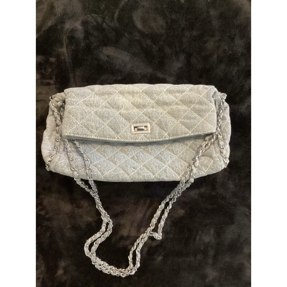 Quilted Denim Shoulder Bag Light Wash Blue Diamond Stitch Chain Strap Flap Bag